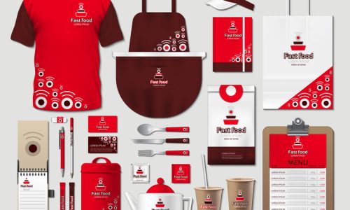 Business fastfood corporate identity items set. Vector fastfood Color promotional uniform, apron, menu, timetable, coffee cups design with logos. Work Stuff Stationery 3d realistic set collection